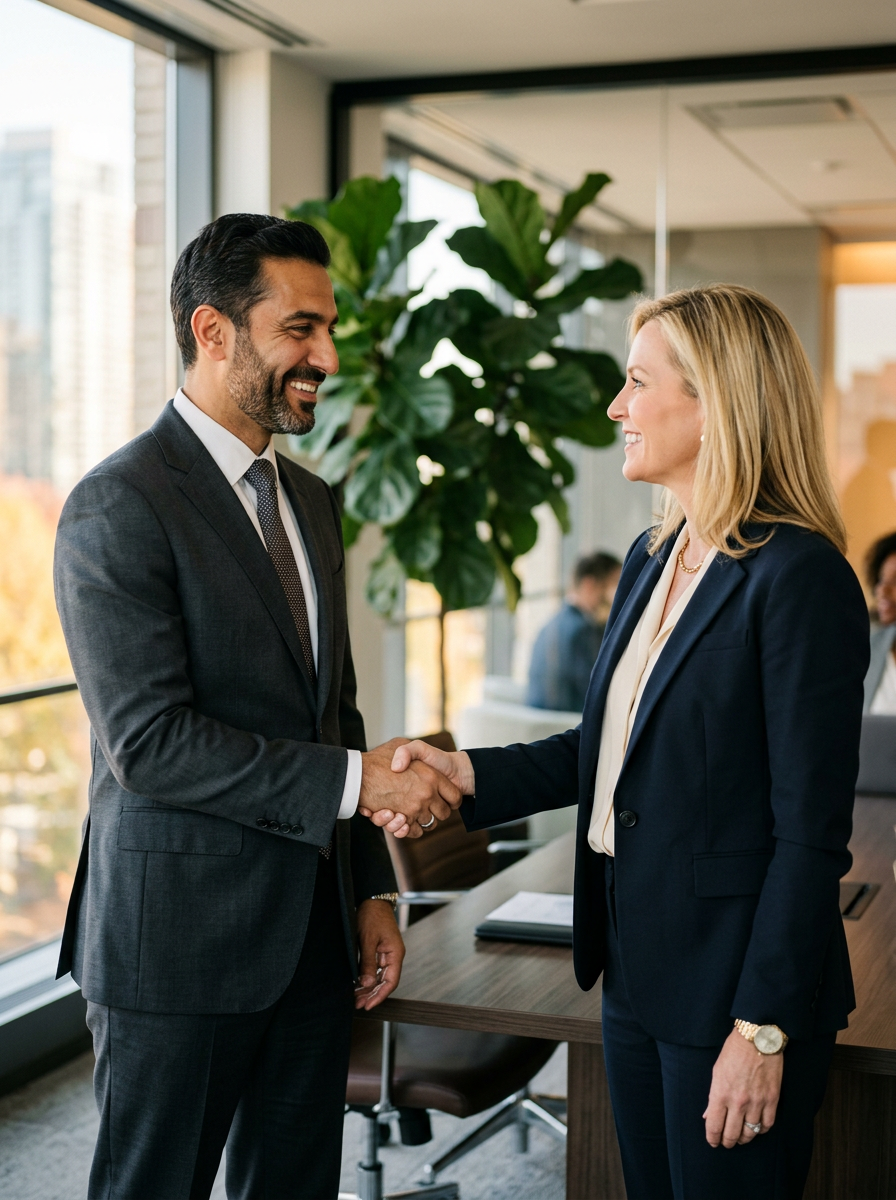 Ejecutivos B2B cerrando acuerdo comercial