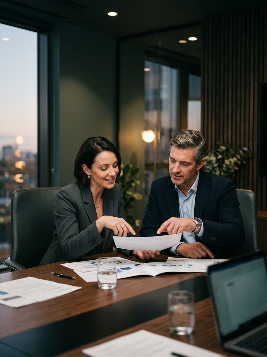 Profesionales de marketing B2B revisando estrategia de captación