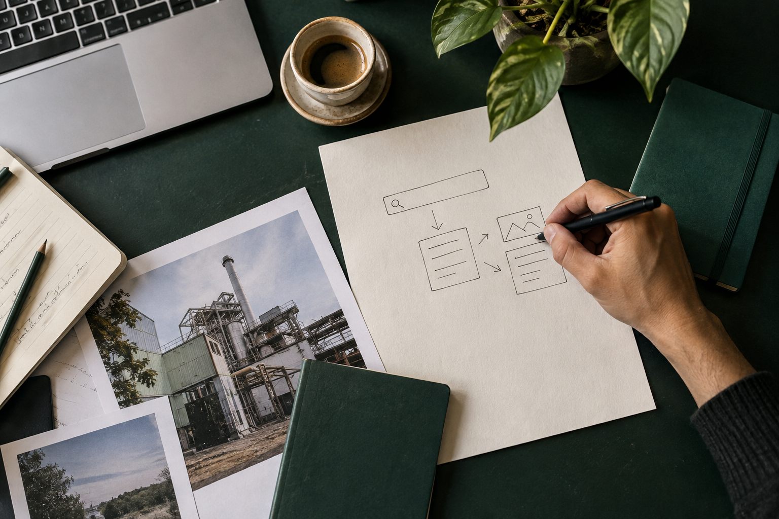 Composición editorial de una mesa de trabajo con bocetos de una estrategia SEO